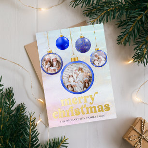 Elegant Blue Ornament Christmas Photo Foil Holiday Card