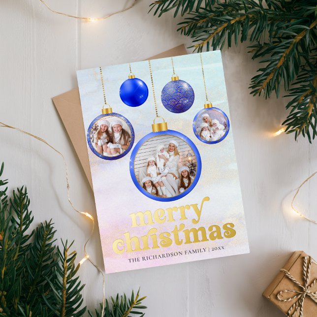 Elegant Blue Ornament Christmas Photo Foil Holiday Card (Elegant Blue Ornament Christmas Photo Foil Holiday Card)