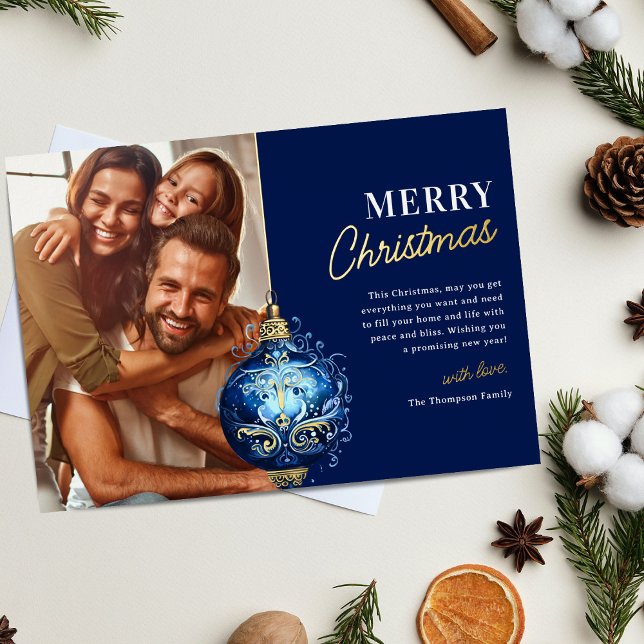 Elegant Blue Ornament Photo Christmas Foil Holiday Card (Creator Uploaded)
