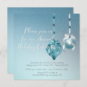 Elegant Blue Ornaments Damask Christmas Party Invitation