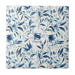 Elegant Blue Paisley Leaves - White Background (1) Ceramic Tile