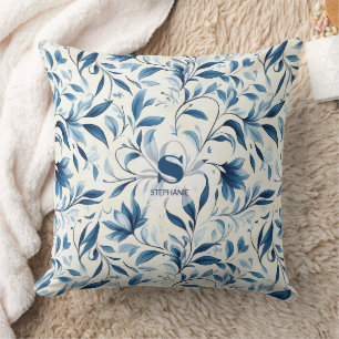 Elegant Blue Paisley Leaves - White Background (1) Cushion
