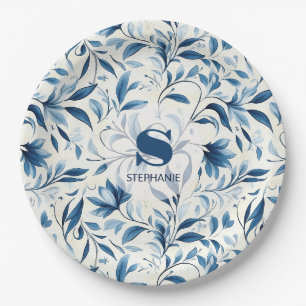 Elegant Blue Paisley Leaves - White Background (1) Paper Plate