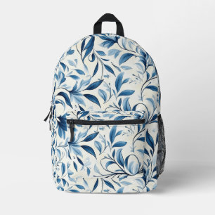 Elegant Blue Paisley Leaves - White Background (1) Printed Backpack