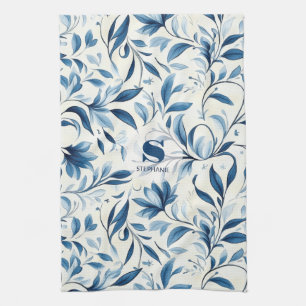 Elegant Blue Paisley Leaves - White Background (1) Tea Towel