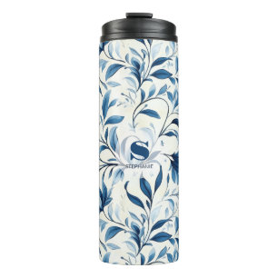 Elegant Blue Paisley Leaves - White Background (1) Thermal Tumbler