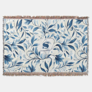 Elegant Blue Paisley Leaves - White Background (1) Throw Blanket