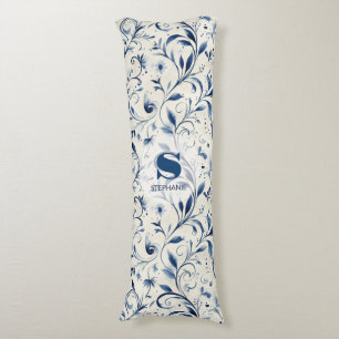 Elegant Blue Paisley Leaves - White Background (2) Body Cushion