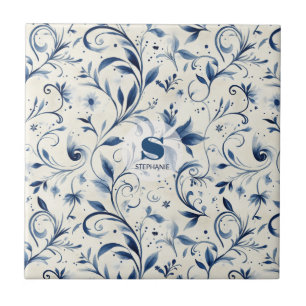 Elegant Blue Paisley Leaves - White Background (2) Ceramic Tile