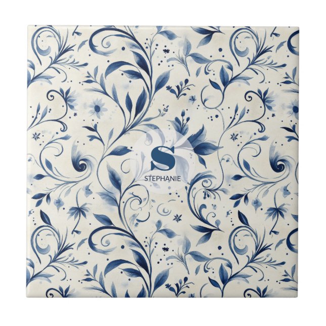Elegant Blue Paisley Leaves - White Background (2) Ceramic Tile (Front)