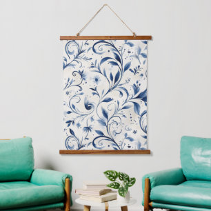 Elegant Blue Paisley Leaves - White Background (2) Hanging Tapestry