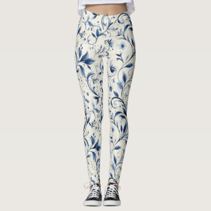Elegant Blue Paisley Leaves - White Background (2) Leggings