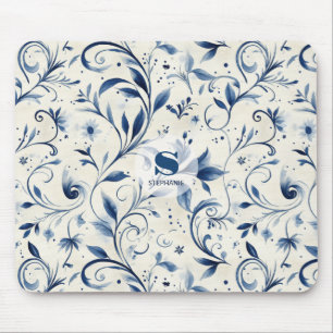 Elegant Blue Paisley Leaves - White Background (2) Mouse Pad