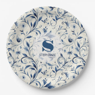 Elegant Blue Paisley Leaves - White Background (2) Paper Plate