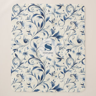 Elegant Blue Paisley Leaves - White Background (2) Sherpa Blanket