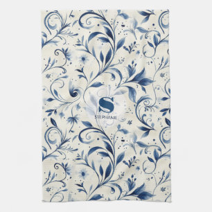 Elegant Blue Paisley Leaves - White Background (2) Tea Towel