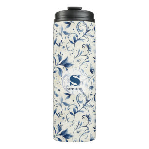 Elegant Blue Paisley Leaves - White Background (2) Thermal Tumbler