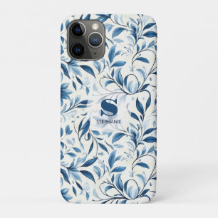 Elegant Blue Paisley Leaves - White Background iPhone 11 Pro Case