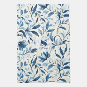 Elegant Blue Paisley Leaves - White Background Tea Towel