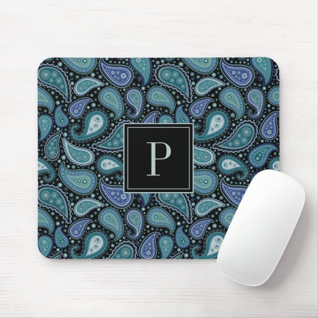 Elegant Blue Paisley Pattern Monogram Mouse Pad (With Mouse)