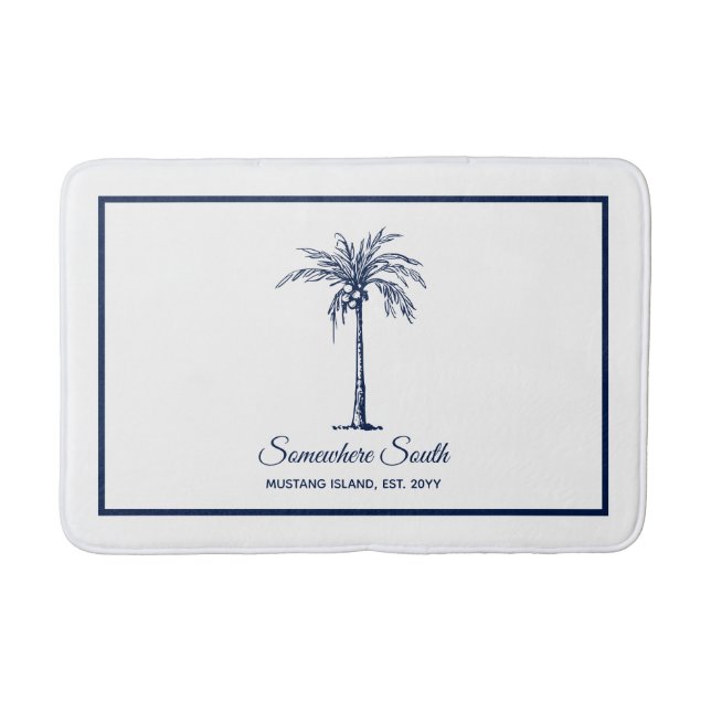 Elegant Blue Palm Tree Personalised Bath Mat (Front)