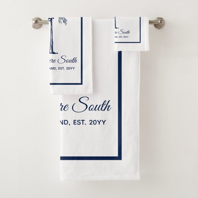Elegant Blue Palm Tree Personalised Bath Towel Set (Insitu)
