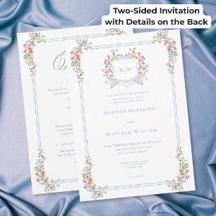 Elegant Blue Pastel Flower Crest Wedding Two Sided Invitation