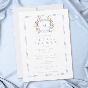 Elegant Blue Pastel Wildflower Crest Bridal Shower Invitation