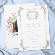 Elegant Blue Pastel Wildflower Crest Bridal Shower