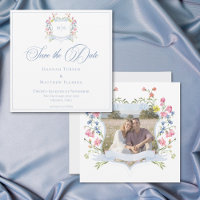 Elegant Blue Pastel Wildflower Crest Wedding Photo
