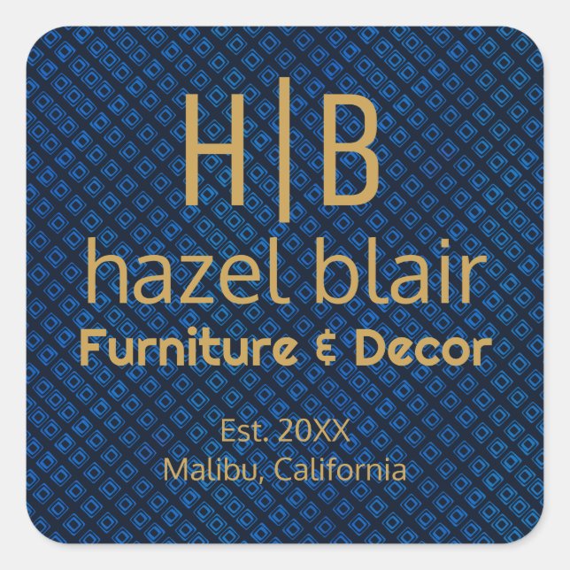 Elegant Blue Pattern | Gold Monogram Business Logo Square Sticker (Front)