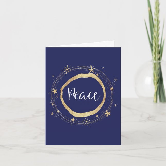Elegant Blue Peace Gold Star Holiday Card (Front)