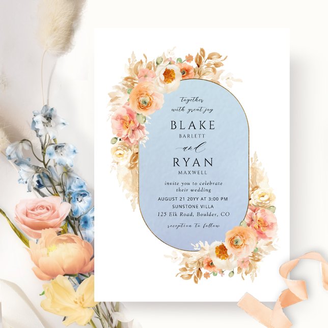 Elegant Blue, Peach Blush and Cream Oval Wedding Invitation (Creator Uploaded)