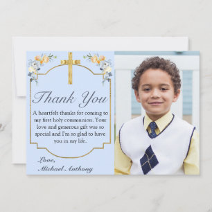 Elegant Blue Peach Floral 1st Holy Communion Thank You Card