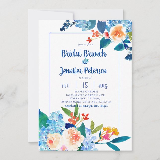 Elegant Blue & Peach Floral Bridal Brunch Invitation (Front)
