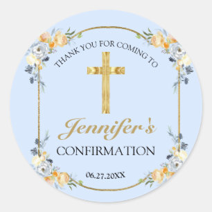 Elegant Blue Peach Floral Confirmation Thank You Classic Round Sticker