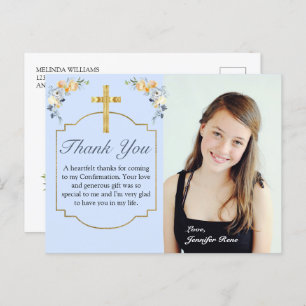 Elegant Blue Peach Floral Confirmation Thank You  Postcard