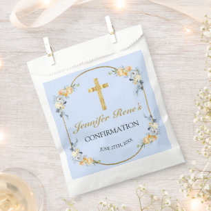 Elegant Blue & Peach Floral Gold Confirmation Favour Bag