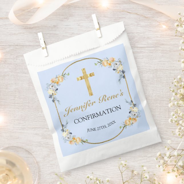 Elegant Blue & Peach Floral Gold Confirmation  Favour Bag (Clipped)