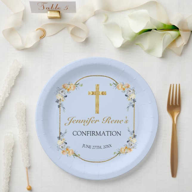 Elegant Blue & Peach Floral Gold Confirmation  Paper Plate (Wedding)