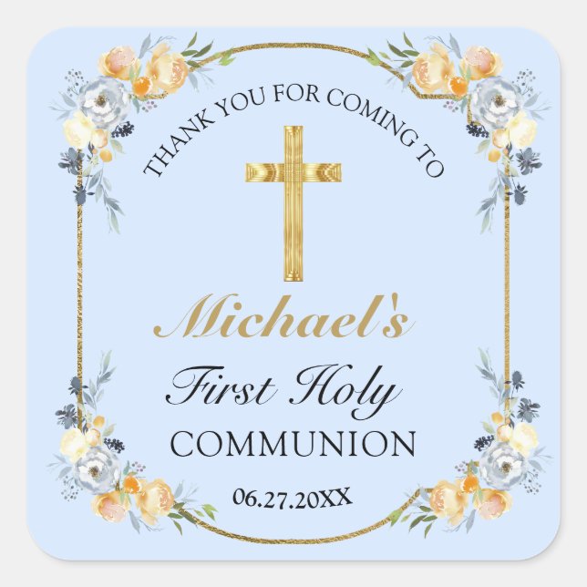 Elegant Blue Peach Floral Holy Communion Thank You Square Sticker (Front)