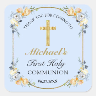 Elegant Blue Peach Floral Holy Communion Thank You Square Sticker