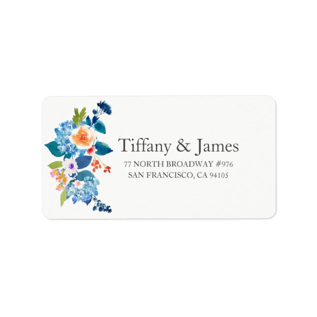 Elegant Blue &  Peach Floral Wedding Address Label (Front)