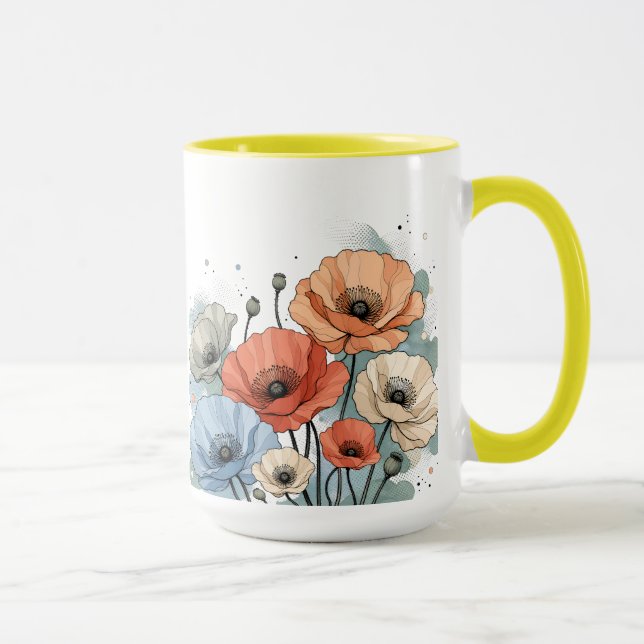 Elegant Blue & Peach Flower Design Mug (Right)