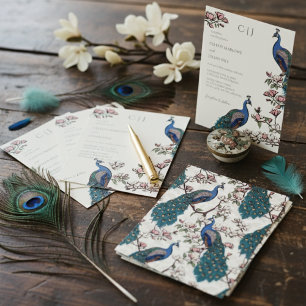Elegant Blue Peacock and Magnolia Flowers Wedding Invitation