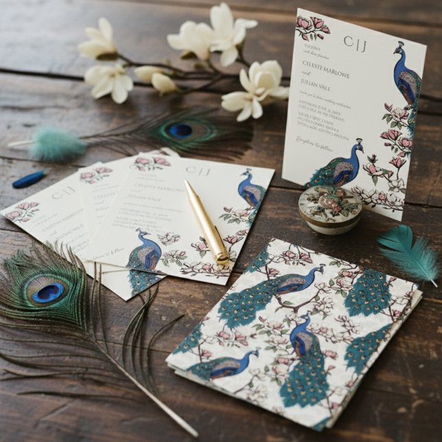 Elegant Blue Peacock and Magnolia Flowers Wedding Invitation (Elegant Floral Peacock Wedding Invitations in Ivory. Chic Pattern of Peafowl Birds & Magnolia Flower)