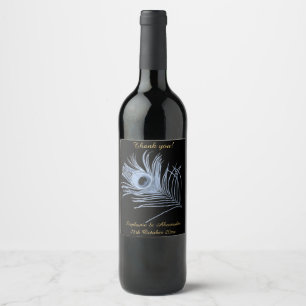 ELEGANT BLUE PEACOCK BLACK CUSTOMIZABLE WINE LABEL