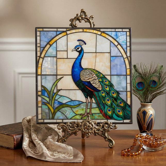Elegant Blue Peacock Faux Stained Glass Mosaic Art Ceramic Tile (Creator Uploaded)