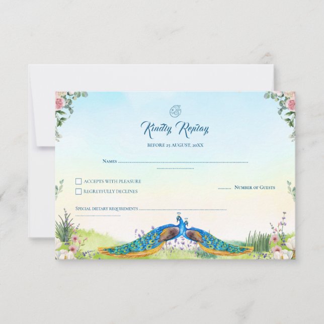 Elegant Blue Peacock Floral Indian Wedding Theme RSVP Card (Front)