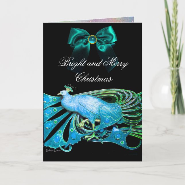 ELEGANT BLUE PEACOCK,GEM STONES AND CHRISTMAS BOW HOLIDAY CARD (Front)